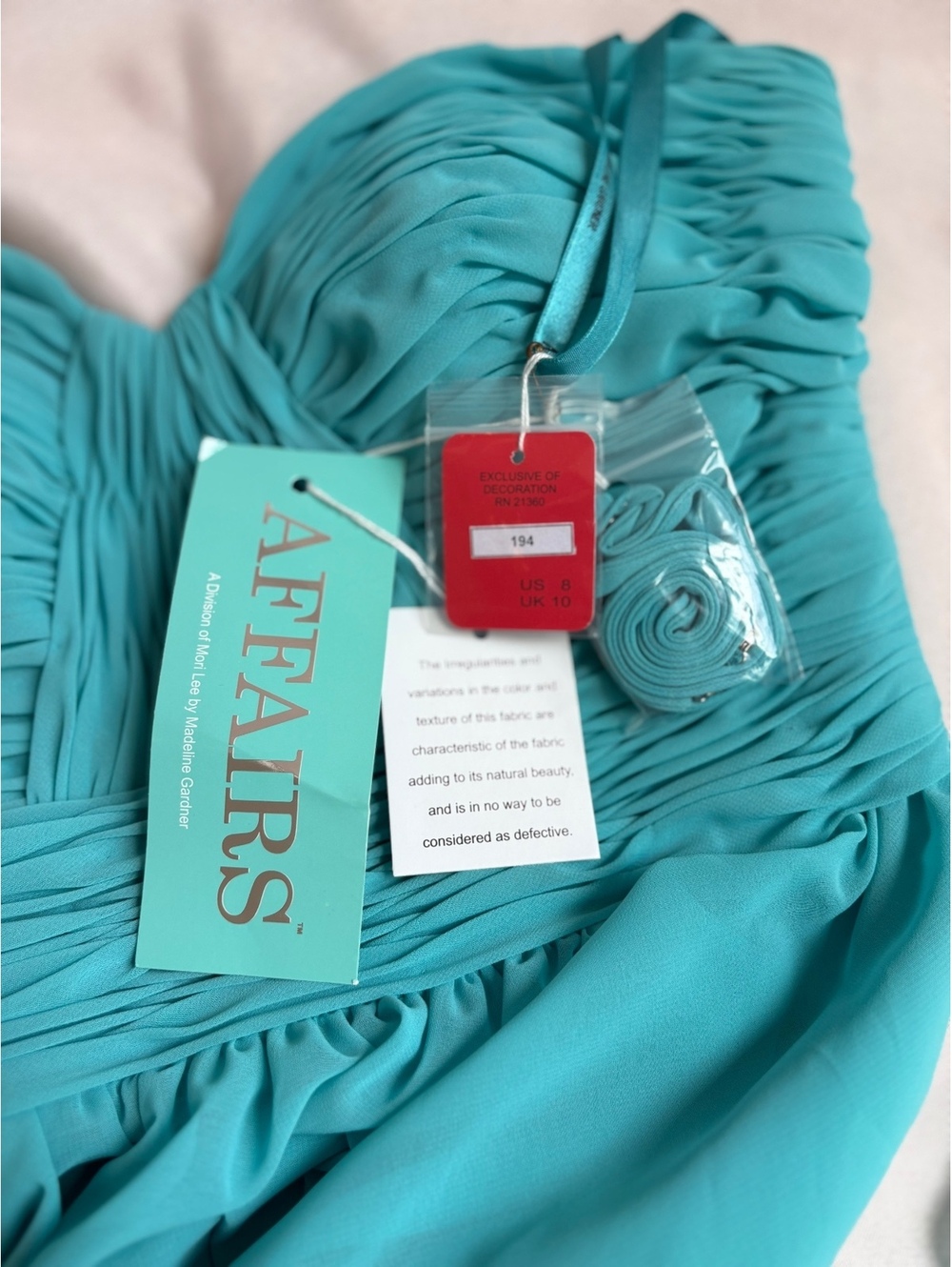 Mori Lee Aqua Blue Strapless Ruched Chiffon Cocktail Dress with Shawl, Size 6 - Picture 6 of 6